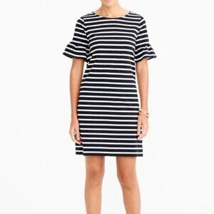 J. Crew Bell Sleeve Dress 100% Cotton Black White Stripe Preppy Summer Dress XS‎